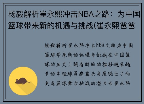 杨毅解析崔永熙冲击NBA之路：为中国篮球带来新的机遇与挑战(崔永熙爸爸)